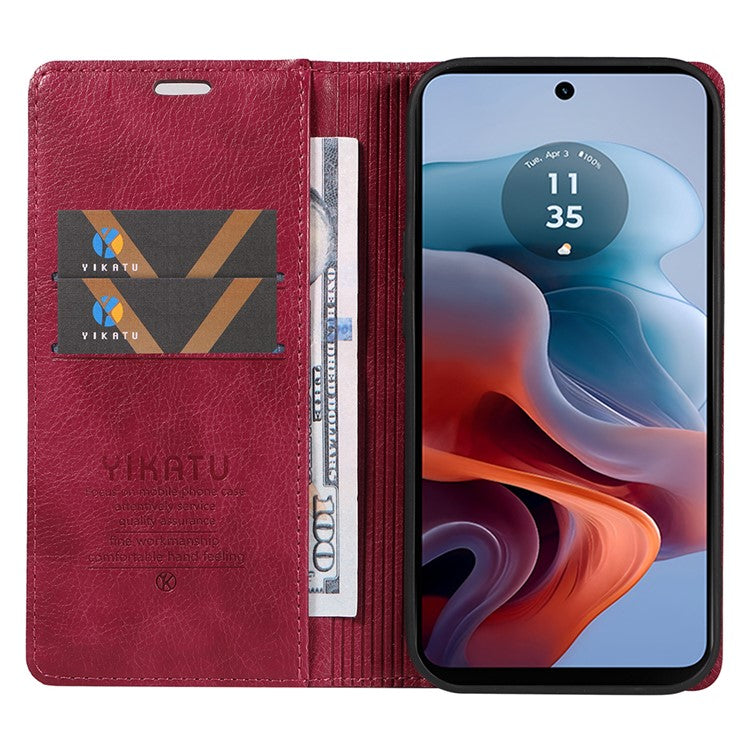 YIKATU YK-006 For Motorola Moto G34 5G Case Leather Phone Cover Litchi Texture Magnetic Closure - Wine Red