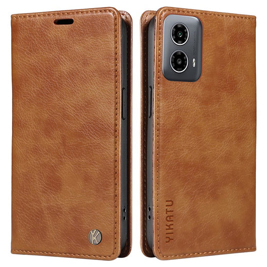 YIKATU YK-006 For Motorola Moto G34 5G Case Leather Phone Cover Litchi Texture Magnetic Closure - Brown