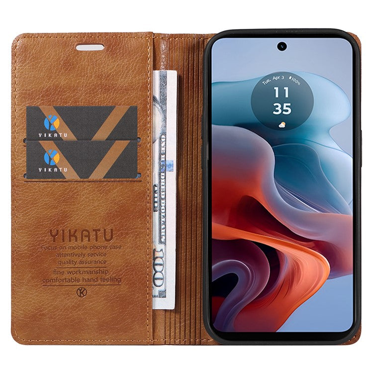YIKATU YK-006 For Motorola Moto G34 5G Case Leather Phone Cover Litchi Texture Magnetic Closure - Brown