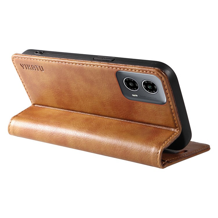 YIKATU YK-006 For Motorola Moto G34 5G Case Leather Phone Cover Litchi Texture Magnetic Closure - Brown