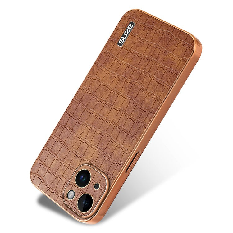 AZNS For iPhone 14 Case Crocodile Texture PU+TPU Electroplating Anti-Fall Phone Cover - Brown