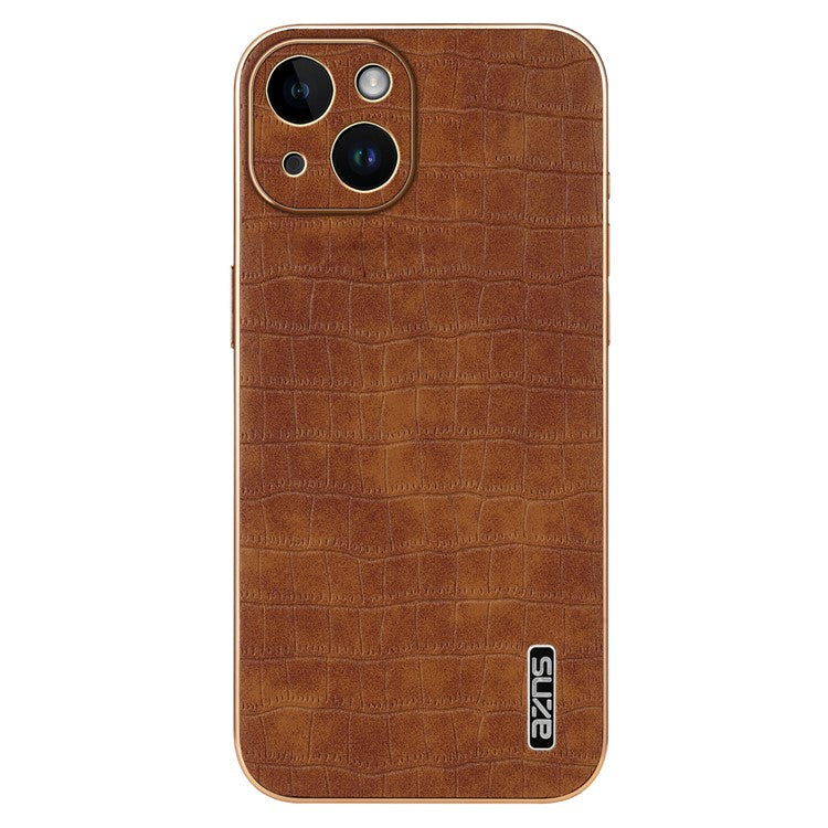 AZNS For iPhone 14 Case Crocodile Texture PU+TPU Electroplating Anti-Fall Phone Cover - Brown