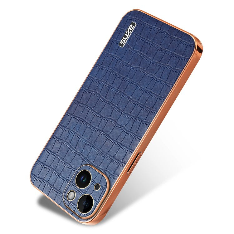 AZNS For iPhone 14 Case Crocodile Texture PU+TPU Electroplating Anti-fall Phone Cover - Blue