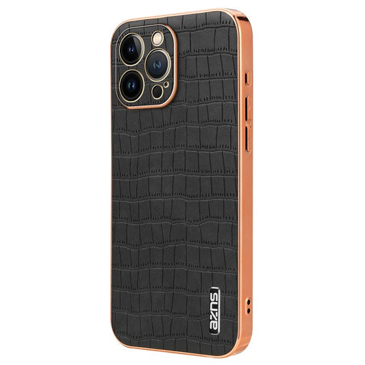 AZNS For iPhone 14 Pro Case Anti-Drop Crocodile Texture Leather+TPU Phone Cover - Black