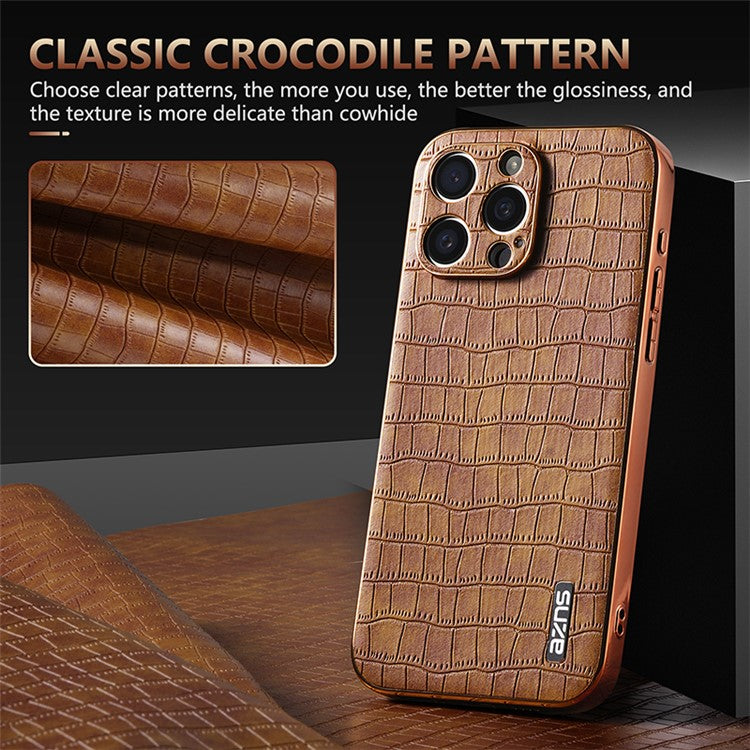 AZNS For iPhone 14 Pro Case Anti-Drop Crocodile Texture Leather+TPU Phone Cover - Black