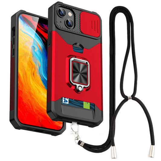 For iPhone 14 Plus Kickstand PC + TPU Phone Case Slide Camera Protection Card Holder Cover with Lanyard - Red