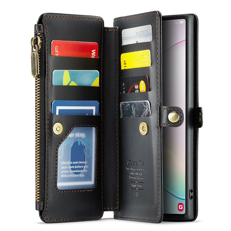 CASEME C36 Series For Samsung Galaxy Note 10 Plus 4G  /  5G Case 10 Card Slots Leather Zipper Phone Cover - Black