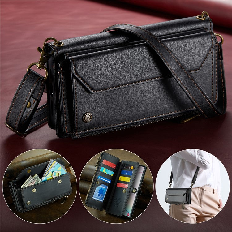 CASEME C36 Series For Samsung Galaxy Note 10 Plus 4G  /  5G Case 10 Card Slots Leather Zipper Phone Cover - Black