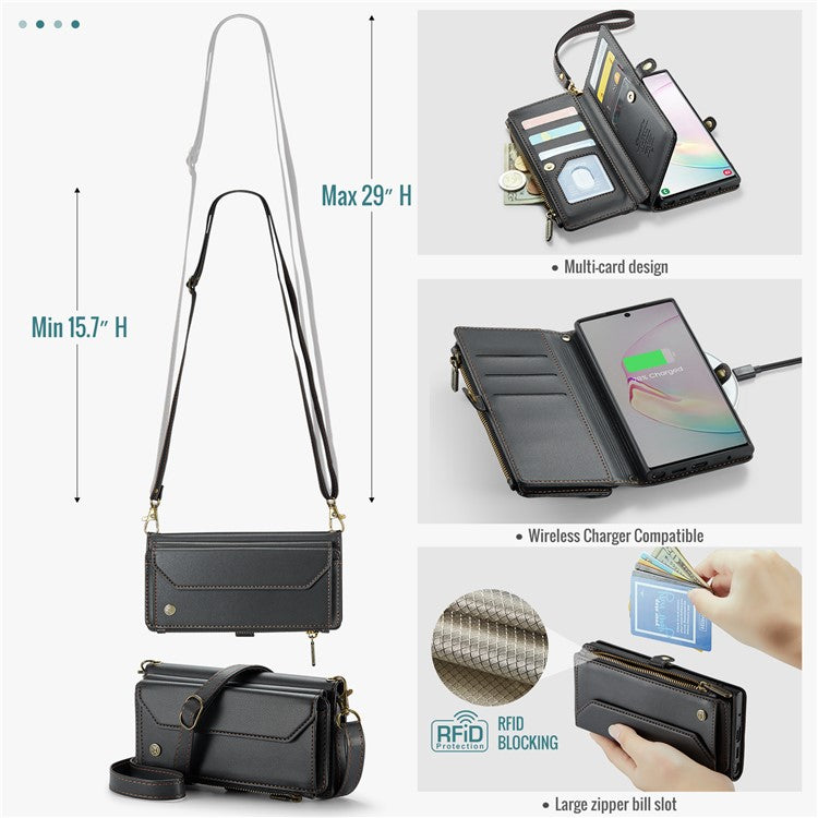 CASEME C36 Series For Samsung Galaxy Note 10 Plus 4G  /  5G Case 10 Card Slots Leather Zipper Phone Cover - Black