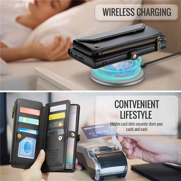 CASEME C36 Series For Samsung Galaxy Note 10 Plus 4G  /  5G Case 10 Card Slots Leather Zipper Phone Cover - Black