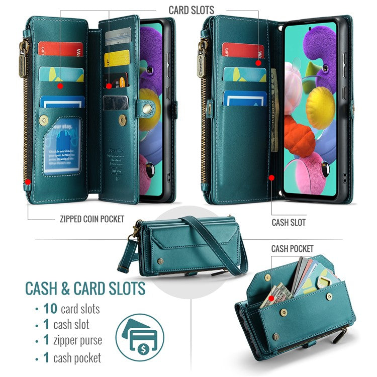 CASEME C36 Series For Samsung Galaxy A51 4G SM-A515 Leather Case Zipper Wallet Phone Cover - Green