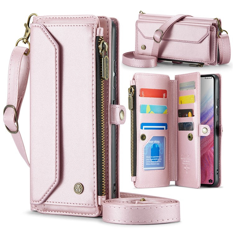 CASEME C36 Series For Samsung Galaxy A53 5G Case 10 Card Slots PU Leather Phone Cover with Straps - Pink