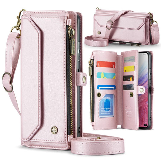 CASEME C36 Series For Samsung Galaxy A53 5G Case 10 Card Slots PU Leather Phone Cover with Straps - Pink