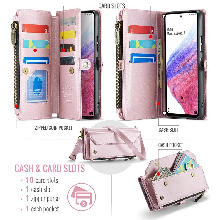 CASEME C36 Series For Samsung Galaxy A53 5G Case 10 Card Slots PU Leather Phone Cover with Straps - Pink