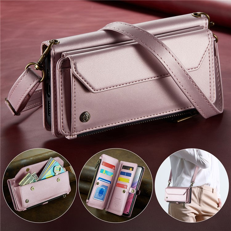 CASEME C36 Series For Samsung Galaxy A53 5G Case 10 Card Slots PU Leather Phone Cover with Straps - Pink