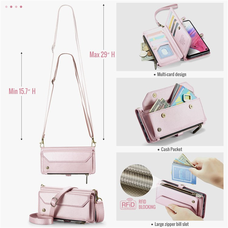 CASEME C36 Series For Samsung Galaxy A53 5G Case 10 Card Slots PU Leather Phone Cover with Straps - Pink
