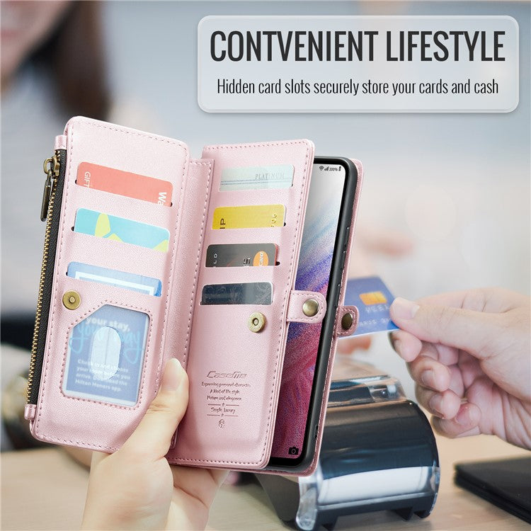 CASEME C36 Series For Samsung Galaxy A53 5G Case 10 Card Slots PU Leather Phone Cover with Straps - Pink