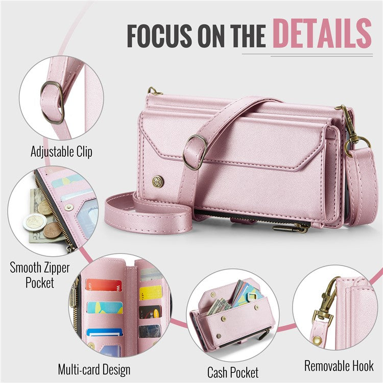 CASEME C36 Series For Samsung Galaxy A53 5G Case 10 Card Slots PU Leather Phone Cover with Straps - Pink
