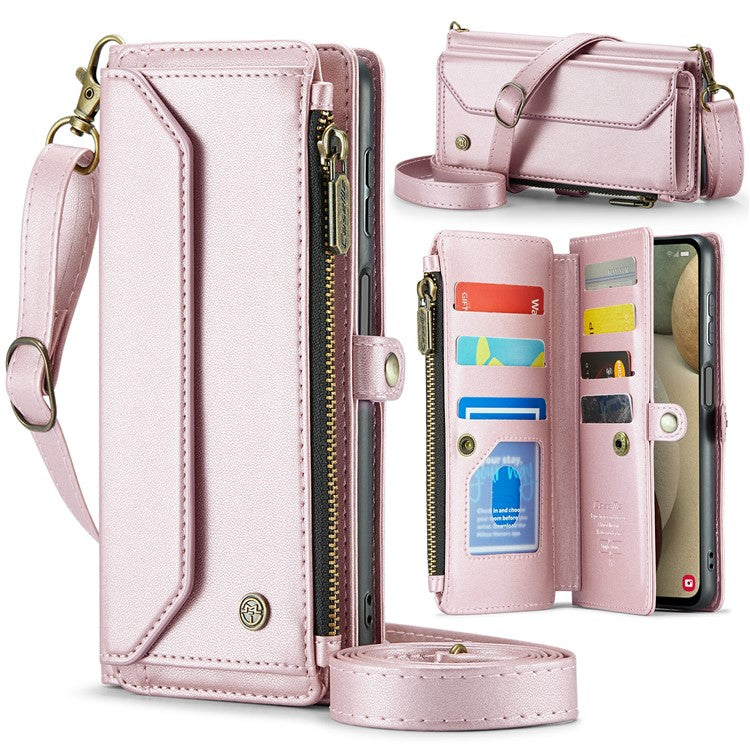 CASEME C36 Series For Samsung Galaxy A12 Case Leather Handbag Phone Cover Magnetic Closure Zipper Pocket - Pink
