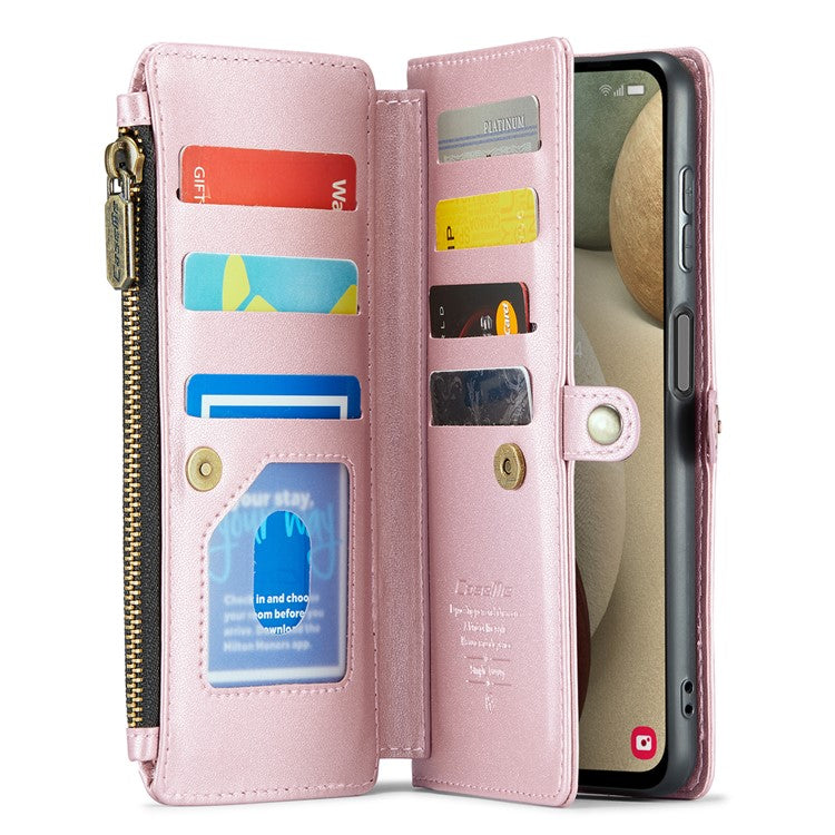 CASEME C36 Series For Samsung Galaxy A12 Case Leather Handbag Phone Cover Magnetic Closure Zipper Pocket - Pink