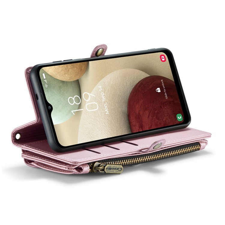 CASEME C36 Series For Samsung Galaxy A12 Case Leather Handbag Phone Cover Magnetic Closure Zipper Pocket - Pink