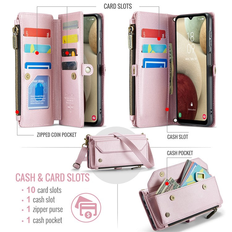 CASEME C36 Series For Samsung Galaxy A12 Case Leather Handbag Phone Cover Magnetic Closure Zipper Pocket - Pink