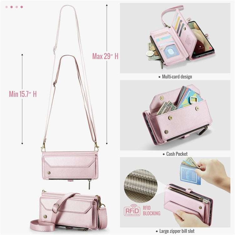 CASEME C36 Series For Samsung Galaxy A12 Case Leather Handbag Phone Cover Magnetic Closure Zipper Pocket - Pink