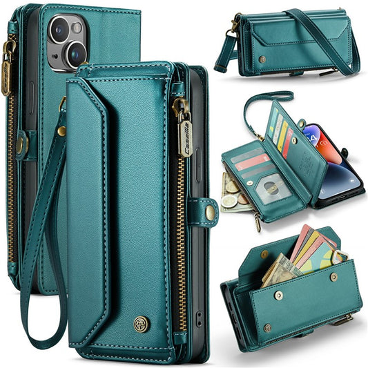 CASEME C36 Series For iPhone 14 Plus Crossbody Case Zipper Wallet Leather Phone Cover - Green