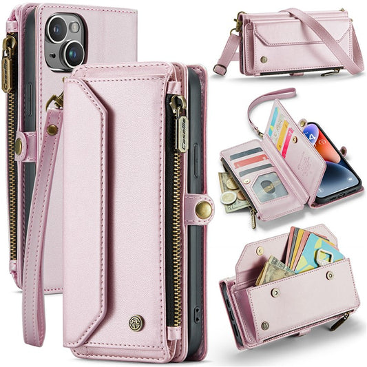 CASEME C36 Series For iPhone 14 Plus Crossbody Case Zipper Wallet Leather Phone Cover - Pink