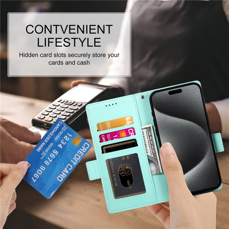 DF-010 For iPhone 14 Pro Case PU Leather Wallet Stand Phone Cover - Mint Green