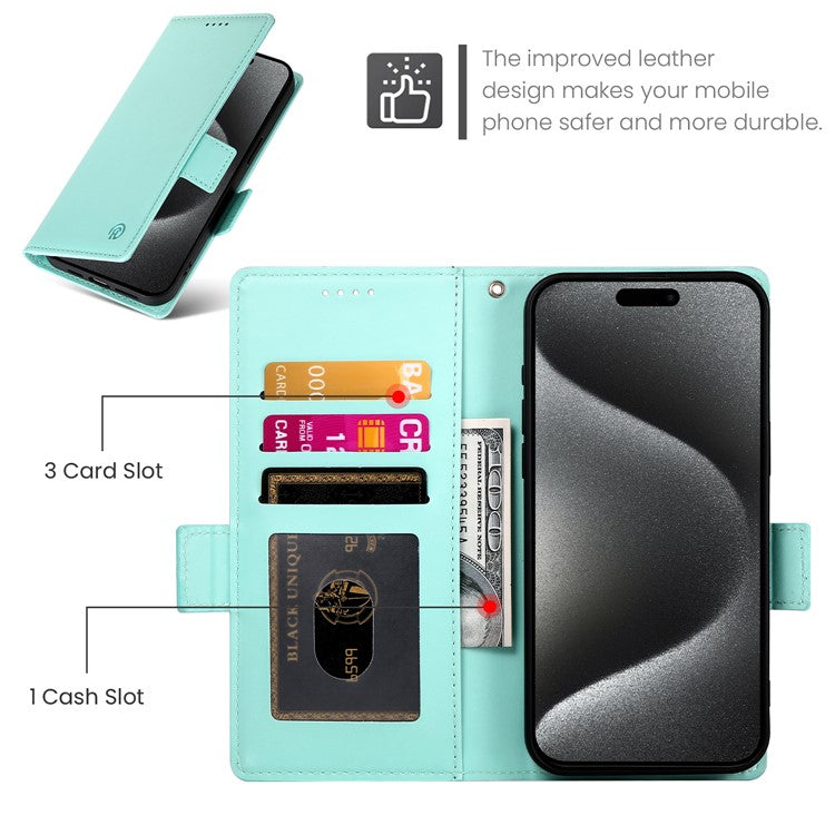 DF-010 For iPhone 14 Pro Case PU Leather Wallet Stand Phone Cover - Mint Green