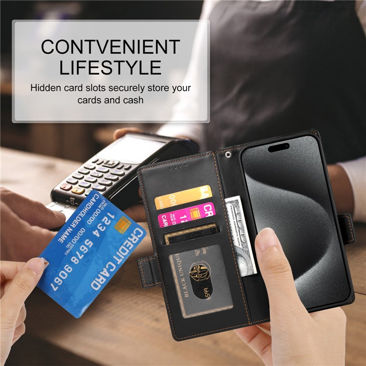 DF-010 For iPhone 14 Pro Max Case Stand Magnetic Clasp Leather Phone Cover - Black