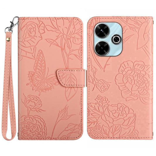 HT03 For Xiaomi Redmi 13 5G / 13 4G Case Floral Butterfly PU Leather Phone Cover with Hand Strap - Pink