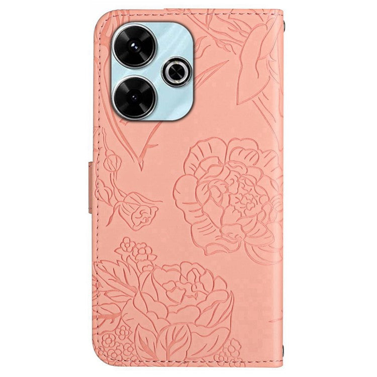 HT03 For Xiaomi Redmi 13 5G / 13 4G Case Floral Butterfly PU Leather Phone Cover with Hand Strap - Pink