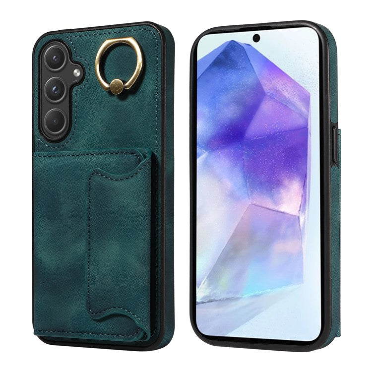 001 For Samsung Galaxy A55 5G Case Ring Kickstand PU+TPU Phone Cover with Card Holder - Green