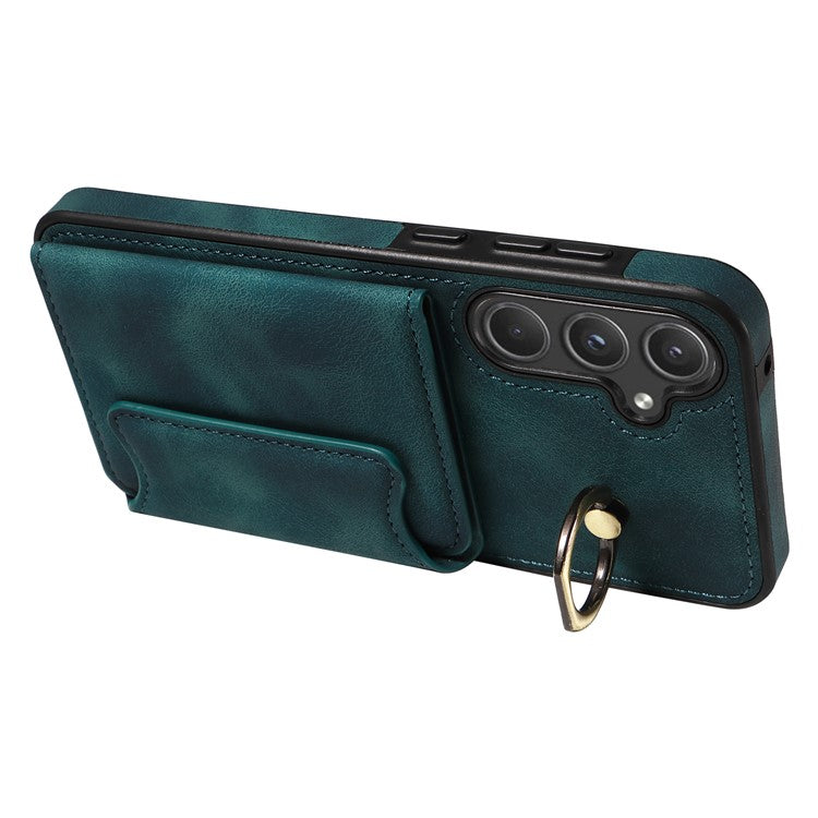 001 For Samsung Galaxy A55 5G Case Ring Kickstand PU+TPU Phone Cover with Card Holder - Green
