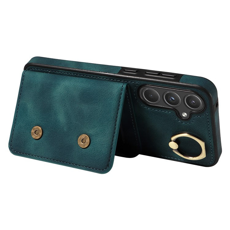 001 For Samsung Galaxy A55 5G Case Ring Kickstand PU+TPU Phone Cover with Card Holder - Green