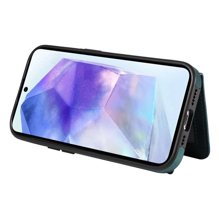 001 For Samsung Galaxy A55 5G Case Ring Kickstand PU+TPU Phone Cover with Card Holder - Green