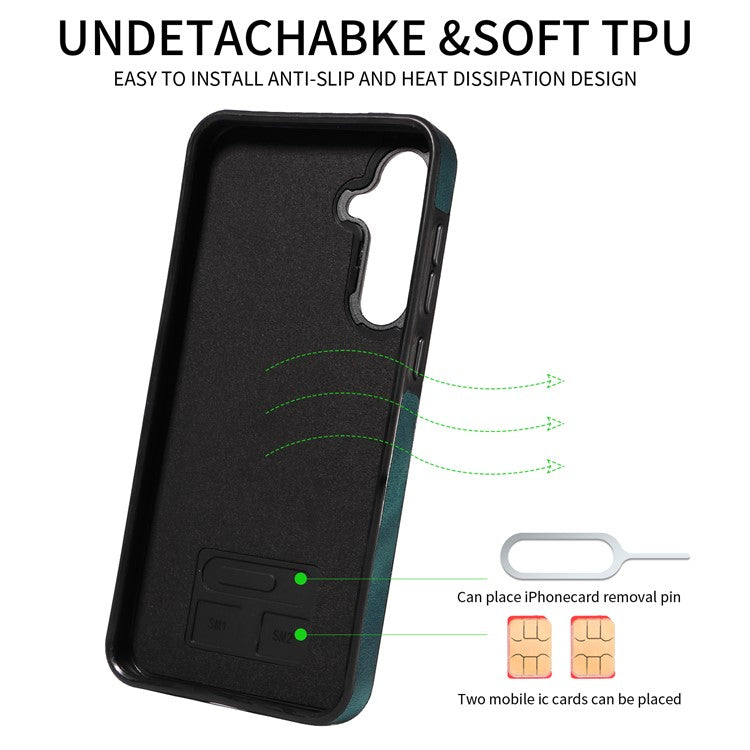 001 For Samsung Galaxy A55 5G Case Ring Kickstand PU+TPU Phone Cover with Card Holder - Green