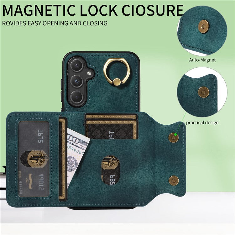 001 For Samsung Galaxy A55 5G Case Ring Kickstand PU+TPU Phone Cover with Card Holder - Green
