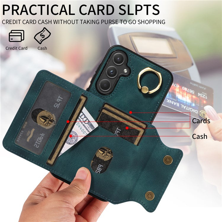 001 For Samsung Galaxy A55 5G Case Ring Kickstand PU+TPU Phone Cover with Card Holder - Green