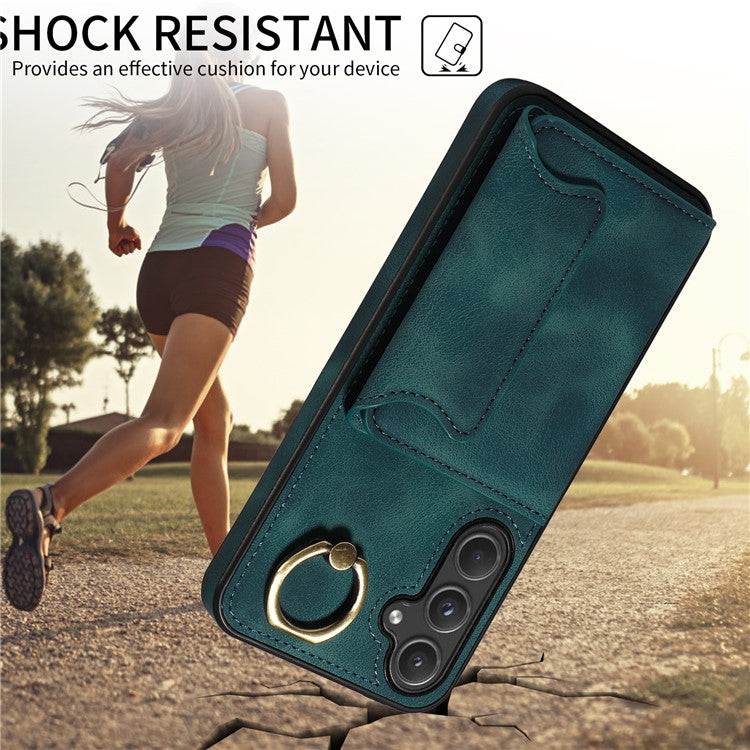 001 For Samsung Galaxy A55 5G Case Ring Kickstand PU+TPU Phone Cover with Card Holder - Green