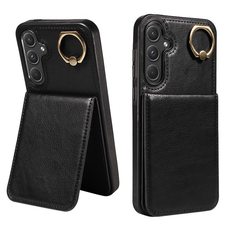 004 For Samsung Galaxy A55 5G Case Litchi Texture Leather Back Cover Card Holder Kickstand - Black