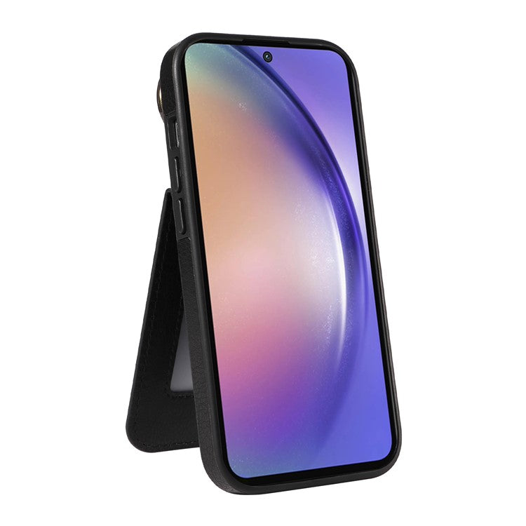 004 For Samsung Galaxy A55 5G Case Litchi Texture Leather Back Cover Card Holder Kickstand - Black
