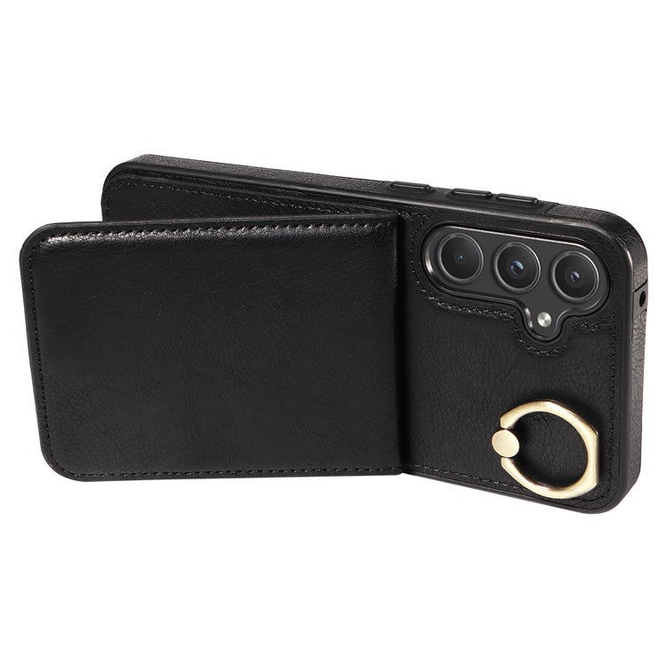 004 For Samsung Galaxy A55 5G Case Litchi Texture Leather Back Cover Card Holder Kickstand - Black