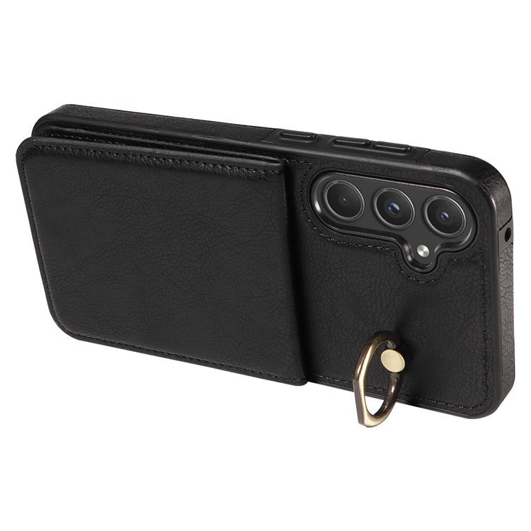 004 For Samsung Galaxy A55 5G Case Litchi Texture Leather Back Cover Card Holder Kickstand - Black