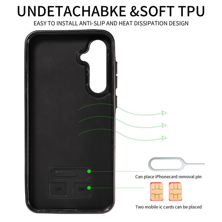 004 For Samsung Galaxy A55 5G Case Litchi Texture Leather Back Cover Card Holder Kickstand - Black