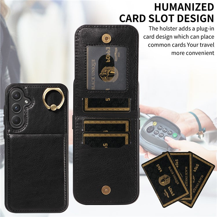 004 For Samsung Galaxy A55 5G Case Litchi Texture Leather Back Cover Card Holder Kickstand - Black