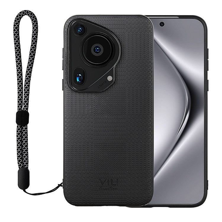 VILI TH Series for Huawei Pura 70 Ultra Case with Hand Strap Leather Coated PC+TPU Cover - Black