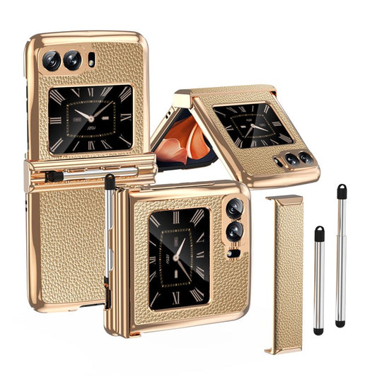 For Motorola Moto Razr 2022 5G Phone Case Shockproof Phone Cover Electroplating PU Leather + PC Phone Case with Pen - Gold